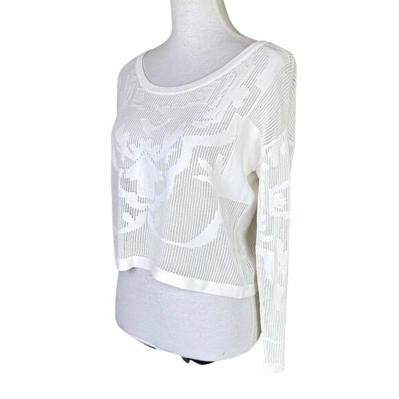 Parker White Sheer Long Sleeve Scroll Pattern Knit Layering Cropped Top Sweater - Picture 2 of 12